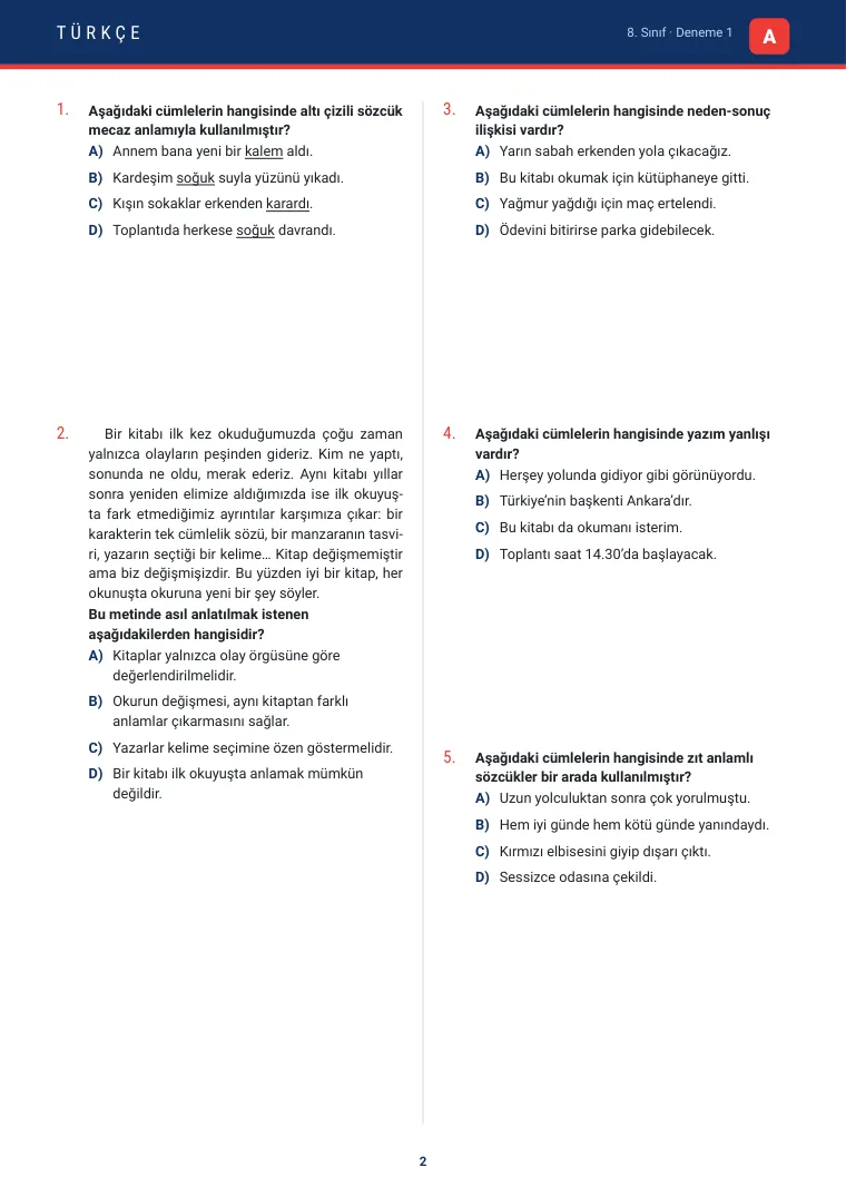 8. Sınıf Deneme Sınavı — Türkçe — önizleme 2